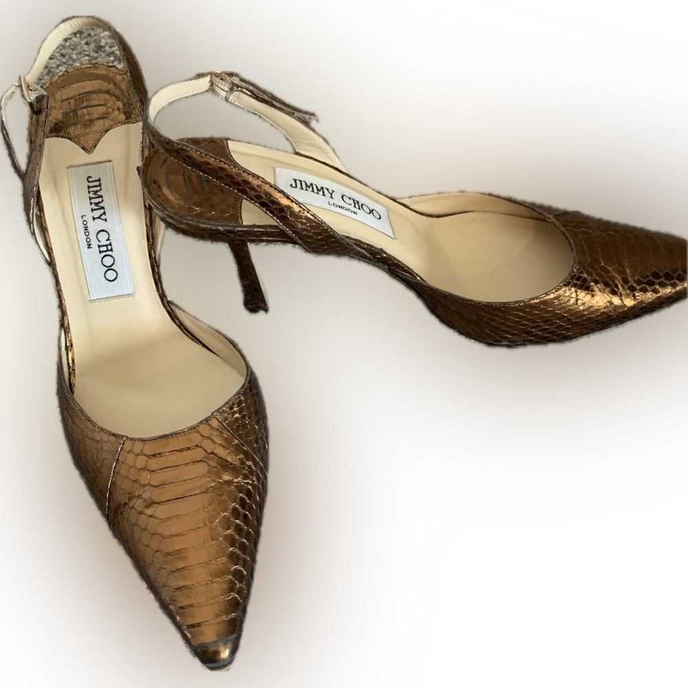 Jimmy Choo gold high heeled shoe